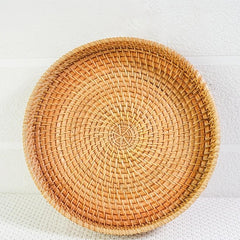 Hand-woven Rattan Cheese Plate Fruit Basket Sapele Wood Breakfast Platter