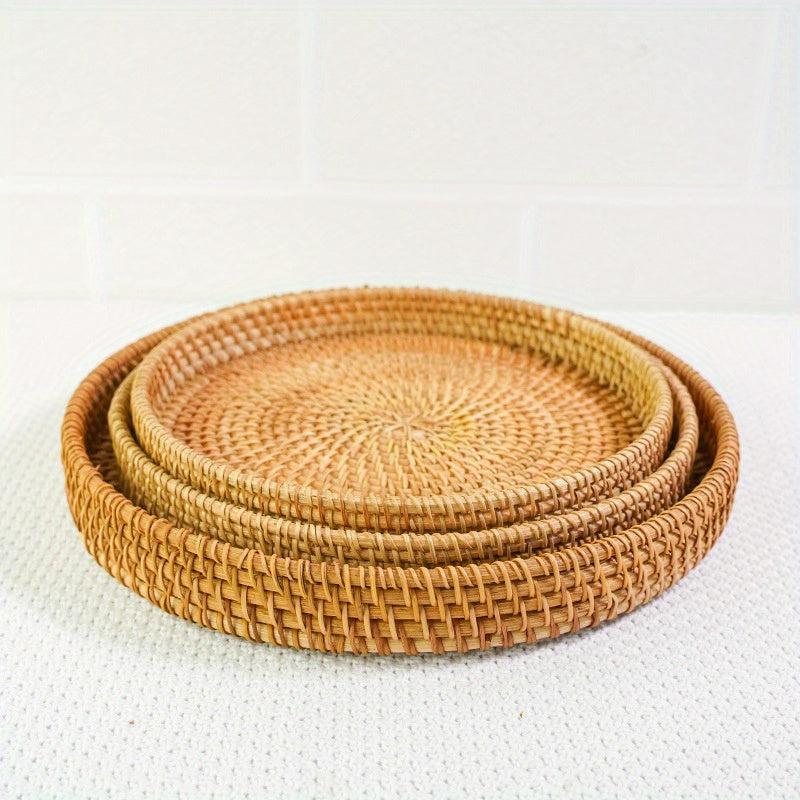 Hand-woven Rattan Cheese Plate Fruit Basket Sapele Wood Breakfast Platter