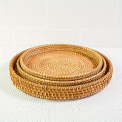 Hand-woven Rattan Cheese Plate Fruit Basket Sapele Wood Breakfast Platter