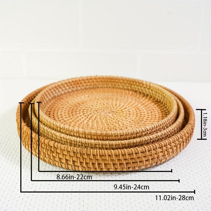 Hand-woven Rattan Cheese Plate Fruit Basket Sapele Wood Breakfast Platter