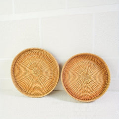 Hand-woven Rattan Cheese Plate Fruit Basket Sapele Wood Breakfast Platter