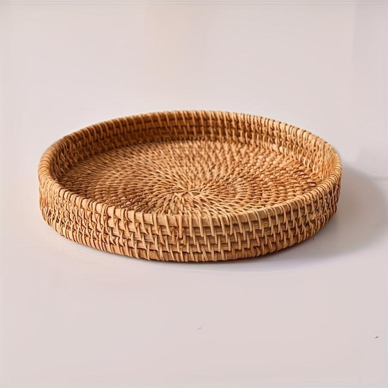 Hand-woven Rattan Cheese Plate Fruit Basket Sapele Wood Breakfast Platter