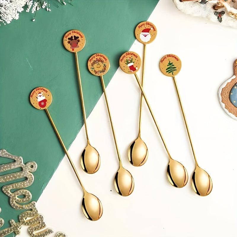 6pcs Christmas Stainless Steel Dinner Coffee Dessert Long Handle Spoons