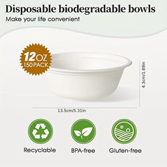 50 pack Eco-Friendly 12oz Compostable Bowls of Natural Bagasse