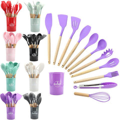 12pcs Silicone Kitchen Utensils Set Wooden Handle Cooking Tool Kit