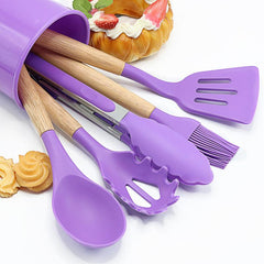 12pcs Silicone Kitchen Utensils Set Wooden Handle Cooking Tool Kit