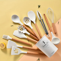 12pcs Silicone Kitchen Utensils Set Wooden Handle Cooking Tool Kit