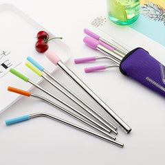 7pcs Reusable Stainless Steel Straws Set with Silicone Tips & Cleaning Brush