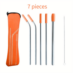 7pcs Reusable Stainless Steel Straws Set with Silicone Tips & Cleaning Brush