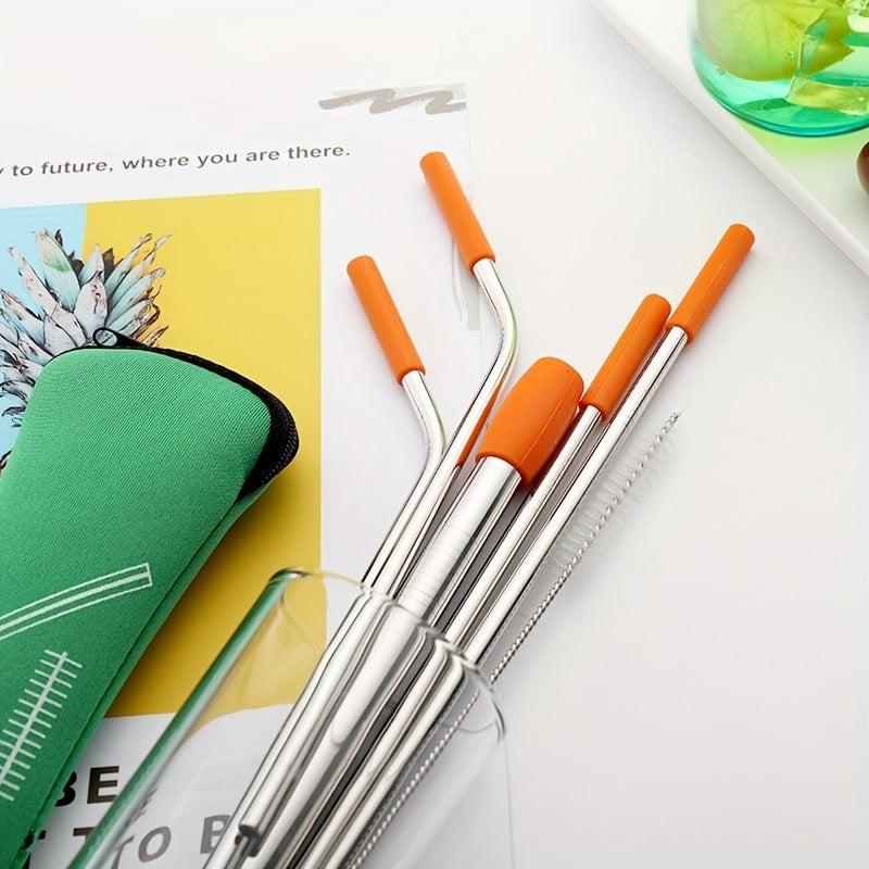 7pcs Reusable Stainless Steel Straws Set with Silicone Tips & Cleaning Brush