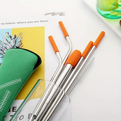 7pcs Reusable Stainless Steel Straws Set with Silicone Tips & Cleaning Brush
