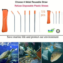7pcs Reusable Stainless Steel Straws Set with Silicone Tips & Cleaning Brush