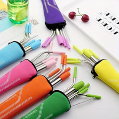 7pcs Reusable Stainless Steel Straws Set with Silicone Tips & Cleaning Brush
