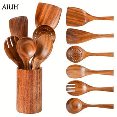 7pcs Non Stick Teak Wooden Spoons for Cooking Comfort Soft Grip Utensils