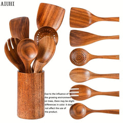 7pcs Non Stick Teak Wooden Spoons for Cooking Comfort Soft Grip Utensils