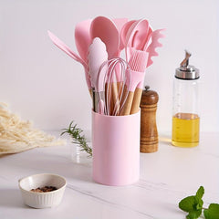 12pcs Non Stick Silicone Utensil Set with Wooden Handles