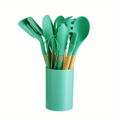 12pcs Non Stick Silicone Utensil Set with Wooden Handles