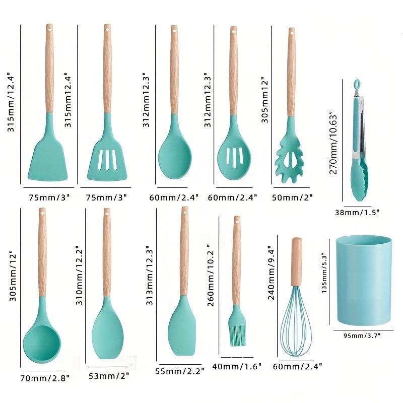 12pcs Non Stick Silicone Utensil Set with Wooden Handles