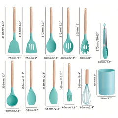 12pcs Non Stick Silicone Utensil Set with Wooden Handles