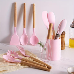 12pcs Non Stick Silicone Utensil Set with Wooden Handles