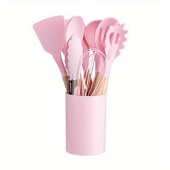 12pcs Non Stick Silicone Utensil Set with Wooden Handles