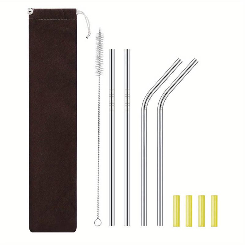 10pcs Reusable Stainless Steel Straws Set with Silicone Tips and Cleaning Brush