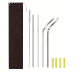 10pcs Reusable Stainless Steel Straws Set with Silicone Tips and Cleaning Brush
