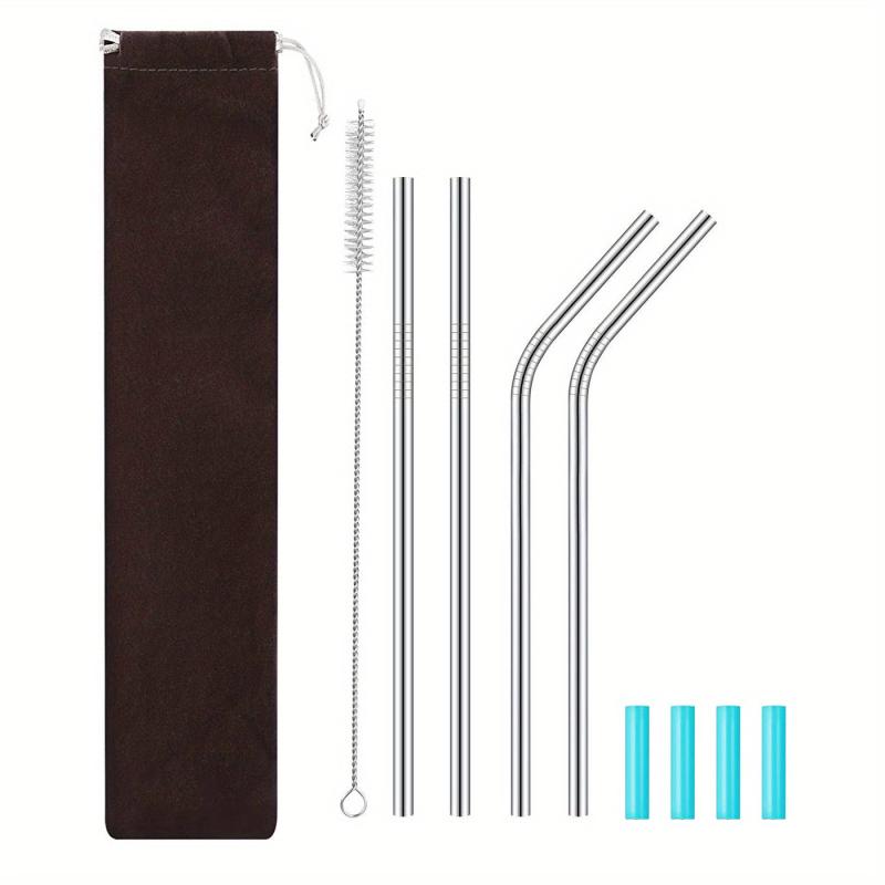 10pcs Reusable Stainless Steel Straws Set with Silicone Tips and Cleaning Brush