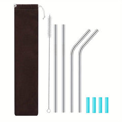10pcs Reusable Stainless Steel Straws Set with Silicone Tips and Cleaning Brush