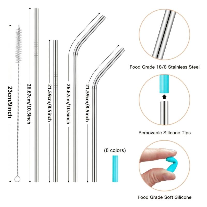 10pcs Reusable Stainless Steel Straws Set with Silicone Tips and Cleaning Brush