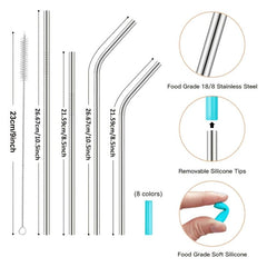 10pcs Reusable Stainless Steel Straws Set with Silicone Tips and Cleaning Brush