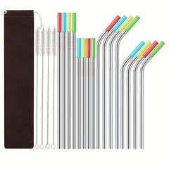 10pcs Reusable Stainless Steel Straws Set with Silicone Tips and Cleaning Brush