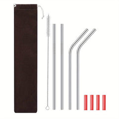 10pcs Reusable Stainless Steel Straws Set with Silicone Tips and Cleaning Brush
