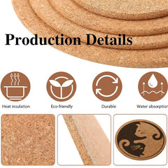 Engraved Cat Pattern Cork Coasters 6pcs Set Natural Wooden Mat for Coffee Cups