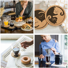 Engraved Cat Pattern Cork Coasters 6pcs Set Natural Wooden Mat for Coffee Cups