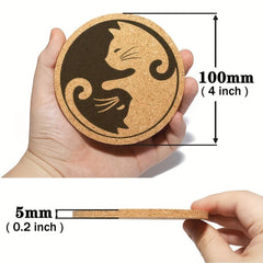 Engraved Cat Pattern Cork Coasters 6pcs Set Natural Wooden Mat for Coffee Cups
