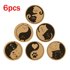 Engraved Cat Pattern Cork Coasters 6pcs Set Natural Wooden Mat for Coffee Cups