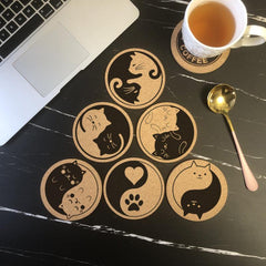 Engraved Cat Pattern Cork Coasters 6pcs Set Natural Wooden Mat for Coffee Cups