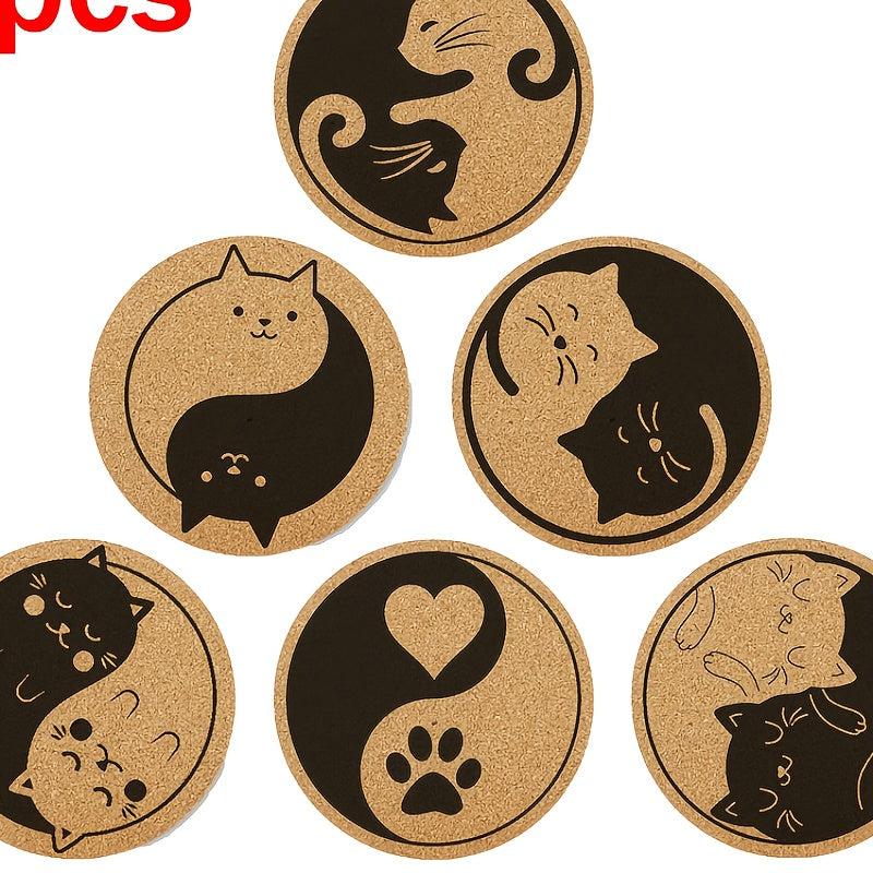 Engraved Cat Pattern Cork Coasters 6pcs Set Natural Wooden Mat for Coffee Cups