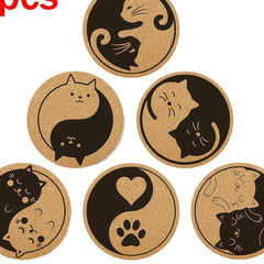 Engraved Cat Pattern Cork Coasters 6pcs Set Natural Wooden Mat for Coffee Cups