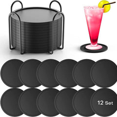 12pcs Non Slip Silicone Coasters With Storage Rack
