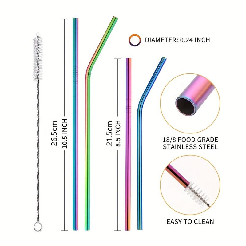15pcs Reusable Stainless Steel Colorful Straws Set for 30oz & 20oz Tumblers