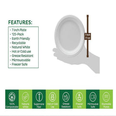 125 Pack Compostable Heavy Duty Plates - Biodegradable Bagasse Plate
