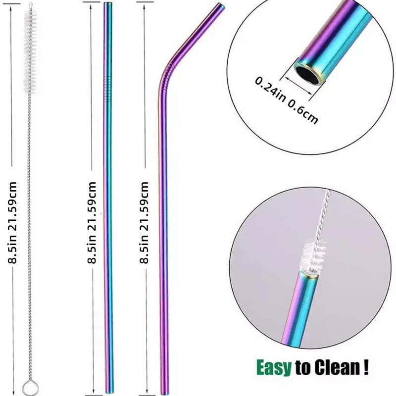 3pcs Stainless Steel Straw Set with Cleaning Brush Bubble Tea Coffee Beverage