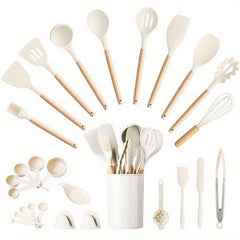 28pcs Silicone Utensil Set with Wooden Handle for Cooking Kitchen
