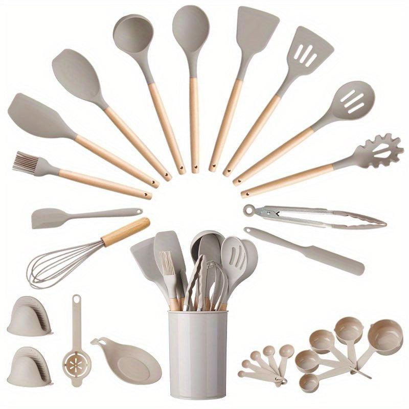 28pcs Silicone Utensil Set with Wooden Handle for Cooking Kitchen
