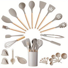 28pcs Silicone Utensil Set with Wooden Handle for Cooking Kitchen