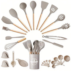 28pcs Silicone Utensil Set with Wooden Handle for Cooking Kitchen