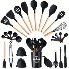 28pcs Silicone Utensil Set with Wooden Handle for Cooking Kitchen