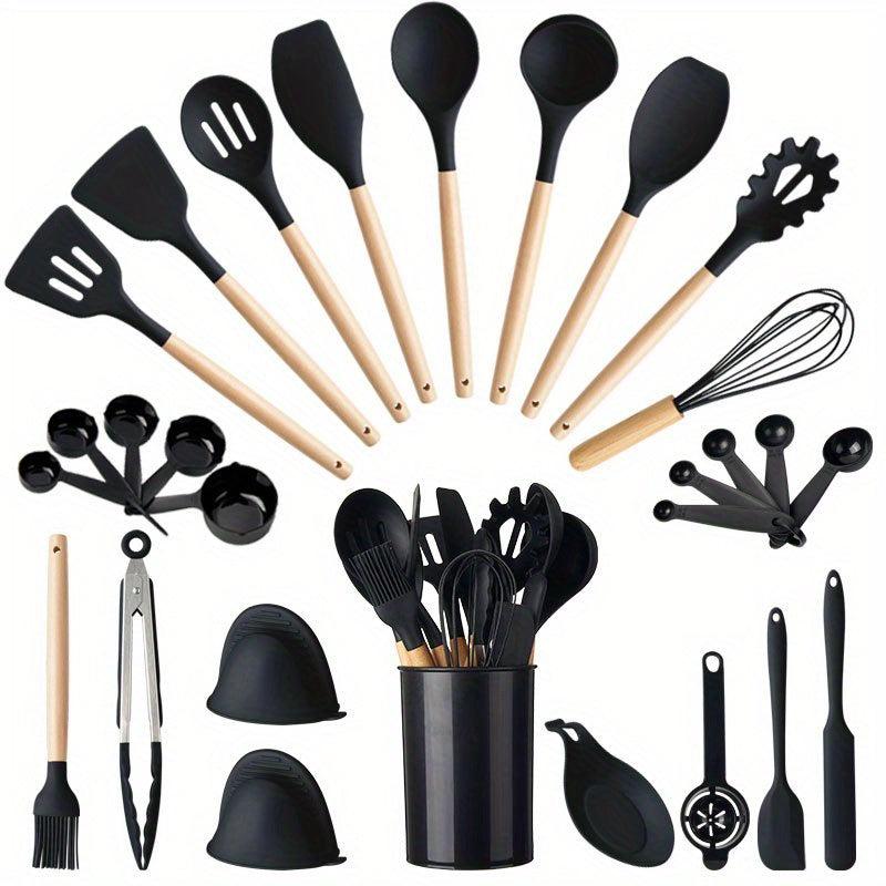 28pcs Silicone Utensil Set with Wooden Handle for Cooking Kitchen